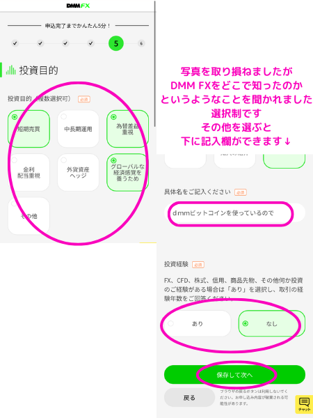 DMM FX口座開設
投資目的入力画面